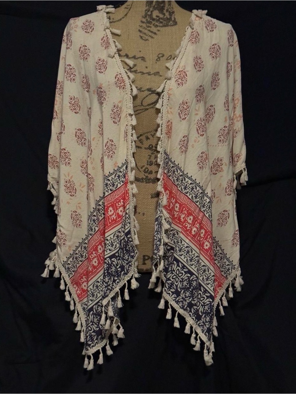 Tassel-Trim Open-Front Kimono Cover-Up in Cream with Red and Navy